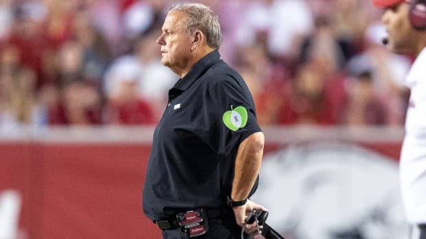 Razorbacks coach Sam Pittman on sidelines against BYU